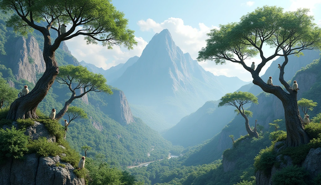 Panoramic front view,There is a mountain with many ash trees.,There are several white monkeys on the branches of the ash tree(best quality,4K,8k,High level,masterpiece:1.2),Ultra Detailed,(lifelike,Photo real,Photo real:1.37)