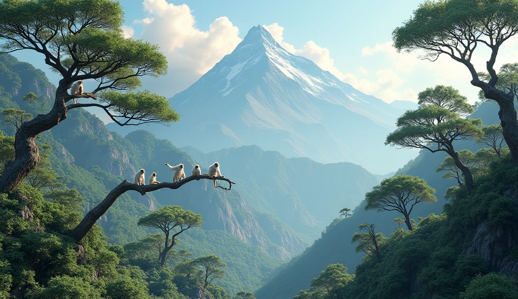 Panoramic front view,There is a mountain with many ash trees.,There are several white monkeys on the branches of the ash tree(best quality,4K,8k,High level,masterpiece:1.2),Ultra Detailed,(lifelike,Photo real,Photo real:1.37)