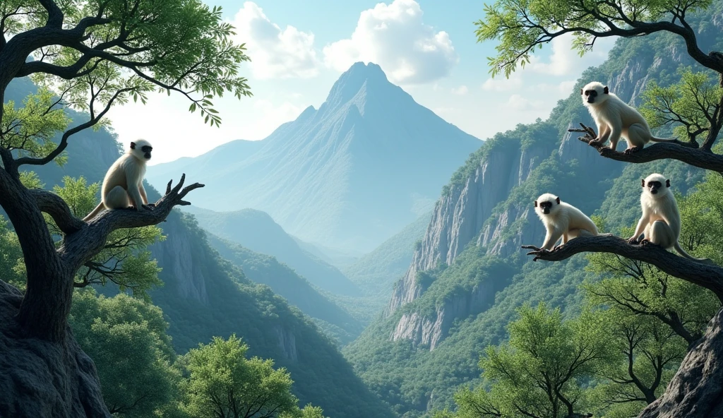 Panoramic front view，There is a mountain with many ash trees.，There are several white monkeys on the branches of the ash tree（best quality，4K，8k，High level，masterpiece：1.2），Ultra Detailed，（lifelike，Photo real，Photo real：1.37）