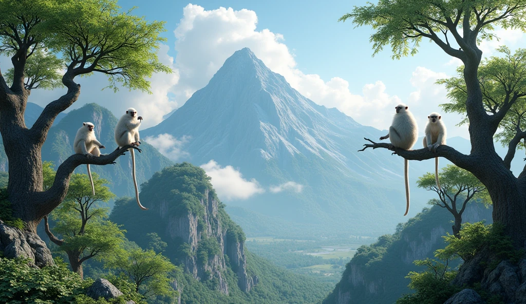 Panoramic front view,There is a mountain with many ash trees.,There are several white monkeys on the branches of the ash tree(best quality,4K,8k,High level,masterpiece:1.2),Ultra Detailed,(lifelike,Photo real,Photo real:1.37)