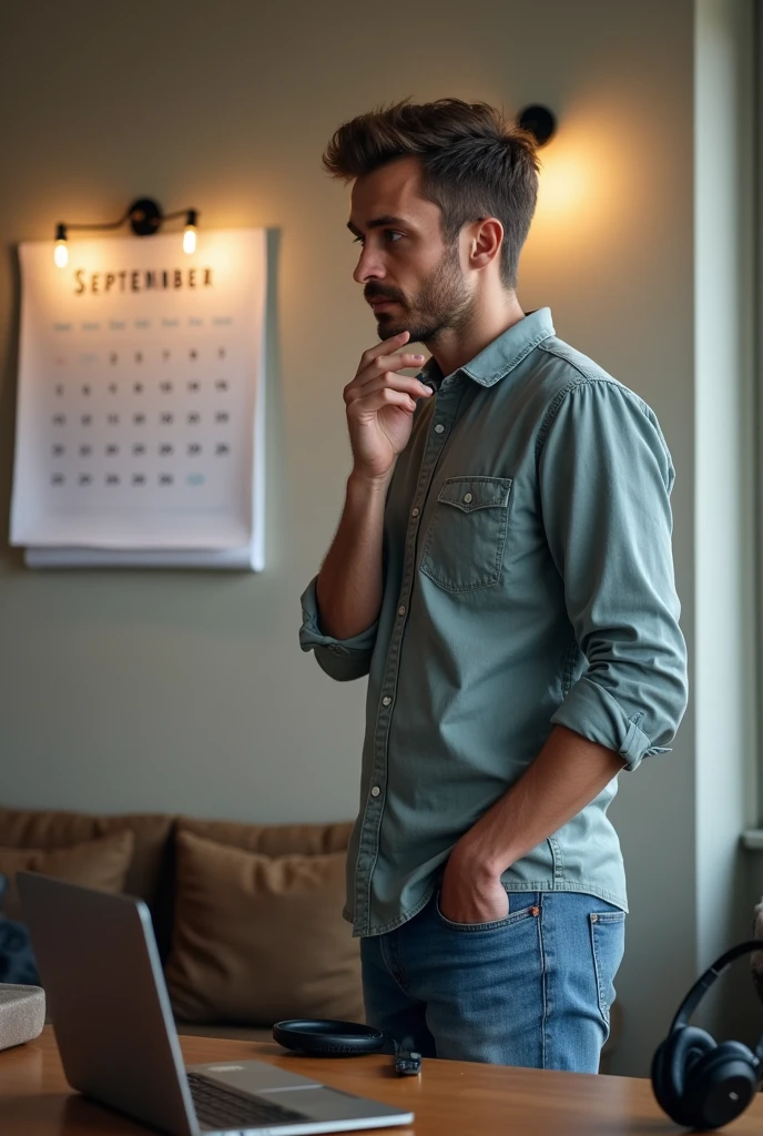 A man stands against the wall and looks at the calendar; the month on the calendar is September. There is a laptop and headphones on the table nearby. Home environment. The man is wearing a shirt and jeans. Realistic photo