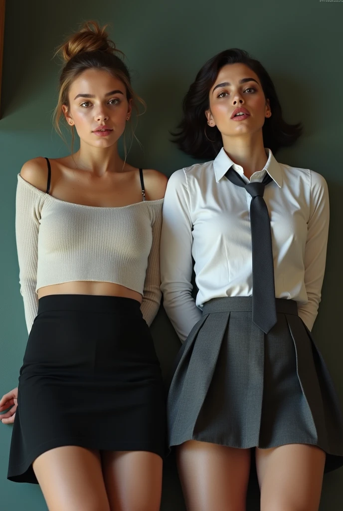 Realistic photo from above of two slim pretty Caucasian women in a British classroom. One is aged 21 and has light-brown hair in a bun and is wearing a tight plain-white cashmere sweater (no bra) and a straight black miniskirt. The other is aged 18 and has short dark hair in a bob and is wearing an unbuttoned tight white shirt, a loosely tied dark-grey tie, and a dark-grey pleated miniskirt. They are kneeling in the classroom, looking up to the camera. They both have both hands behind their backs. Their mouths are slightly open. They both have one shoulder showing. 