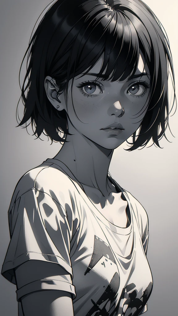 1 boyish girl, solo, sharp eyes, expressionless, monochrome, greyscale, short black hair, portrait, white T-shirt, closed mouth, looking at viewer, graphite \(medium\), detailed lips, hatching \(texture\), without makeup, bangs, upper body, (best illustration), (best quality), (very detailed), (masterpiece), expressionless,