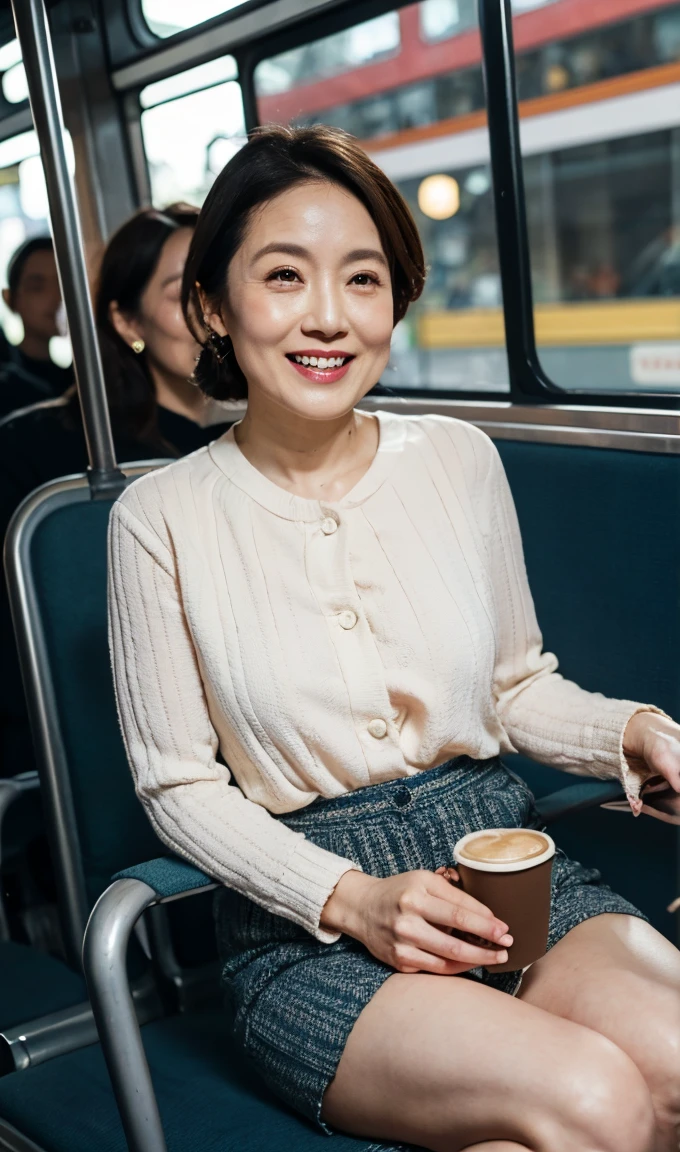 (Highest quality)、(High resolution)、(Ultra-detailed photos)、(Ultra-realistic texture)、(Illuminated subject)（8k images）（Clear Photography）（Real Photo）

（Mature Japanese Woman）（Beautiful middle-aged mature woman with her hair tied in a caramel-colored chignon）（40-year-old beautiful middle-aged woman）（Elegant and well-proportioned face）（Long face）（Long and narrow face）（Thick lips）（Thin tree, small nose）（Long jaw）

（Her outfit is a light-colored top and a neat, chic and elegant skirt.）

（Look at everyone with a refreshing and loving smile）

（Men are captivated by her charms）

（She is outdoors）（She poses elegantly and cutely in various locations.）（Walking through the crowds of the city）（Drinking coffee at a cafe）（Shop）（Sit on the grass in the park）Playing on the swings at the show）（sit in a train seat）（Take a seat on the bus)（NSFW skirt lift）（NSFW see-through sexy panties exposed）