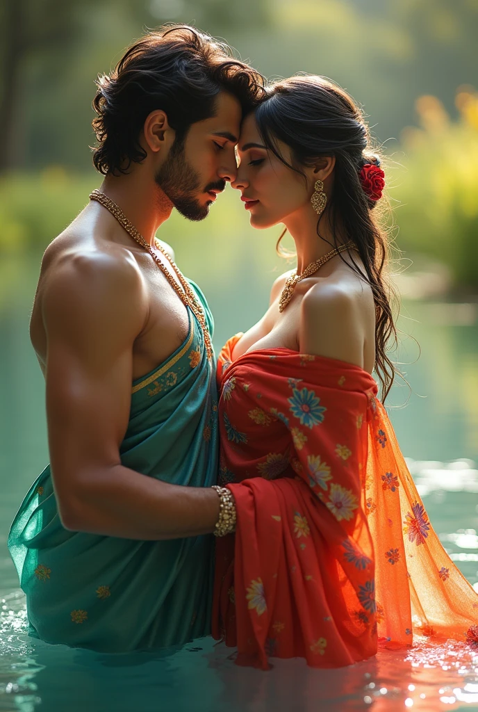In this alluring and intricate portrait, a captivating woman and a handsome boy are depicted in a sensual scene, both embodying the essence of royalty and passion. The woman, adorned in an exquisite modern light wedding saree, showcases her enchanting beauty with large breasts, a graceful posture, and a mesmerizing flower design in vivid colors of orange, pink, teal, red, and yellow. The saree, made of soft and luxurious nylon, further adds to its magical allure.
The background features a breathtaking fairy tale setting, with enchanting meadows and a captivating bokeh effect that adds depth and dimension to the scene. The couple's flawless anatomy and good proportions are displayed in a tantalizing manner, with a focus on realism and intricate detailing. The woman's skin is rendered with a lifelike texture, highlighting the interplay of light and shadow on her body, while her off-shoulder, stripless blouse accentuates her alluring features.
The boy, too, is portrayed with exceptional detail and realism, showcasing his well-defined muscular form and captivating gaze. The couple's passion and desire are palpable in this masterful piece, with elements of chubbiness, underboobs, nipple slip, and milk-filled breasts adding to the overall sensuality of the scene. This exquisite artwork is a masterpiece of realism and highly detailed craftsmanship, capturing the essence of the exotic magic that surrounds the couple as they immerse themselves in water, their soaked saree flowing around them.