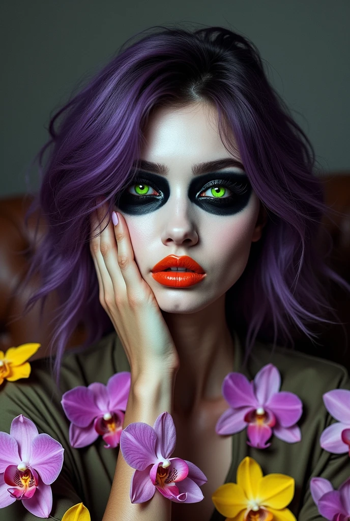 A conceptual portrait of a Korean woman with a black and white face, only the left side of her cheek is touched by her hand. The rest of her body is covered with a collage of colorful orchaids clippings. She is sitting on a leather Italian sofa. The background is monochrome. Her expressive eyes, accentuated by long neon green eyelashes and dark makeup, lock onto the viewer. Her orange lipstick adds a bold pop of color. Her flowing purple hair frames her face in a messy, yet captivating mann