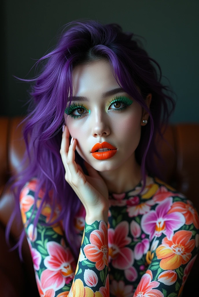 A conceptual portrait of a Korean woman with a black and white face, only the left side of her cheek is touched by her hand. The rest of her body is covered with a collage of colorful orchaids clippings. She is sitting on a leather Italian sofa. The background is monochrome. Her expressive eyes, accentuated by long neon green eyelashes and dark makeup, lock onto the viewer. Her orange lipstick adds a bold pop of color. Her flowing purple hair frames her face in a messy, yet captivating mann