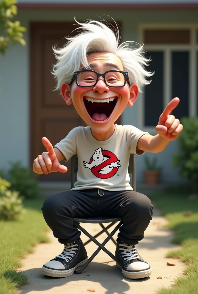 4d caricature style,30 year old Indonesian man,messy white straight hair,glasses,wearing a ghostbuster t-shirt,black cargo pants,Converse shoes,sitting on a small folding chair,laughing pointing forward,simple front yard of the house,hyper realistic,ultrahd,16k,super image quality