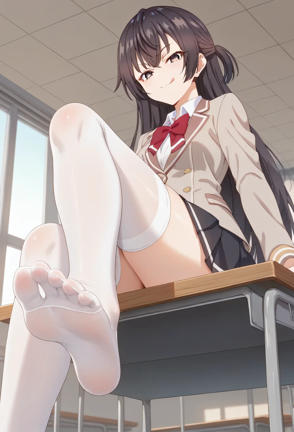 score_9, score_8_up, score_7_up, source_anime, 1girl, Yuki Suou black hair, long hair hair, long hair, black eyes, school uniform, bowtie, black skirt, white thighhighs, sitting, on table, foot focus, naughty face, licking lips, looking at viewer, from below, classroom