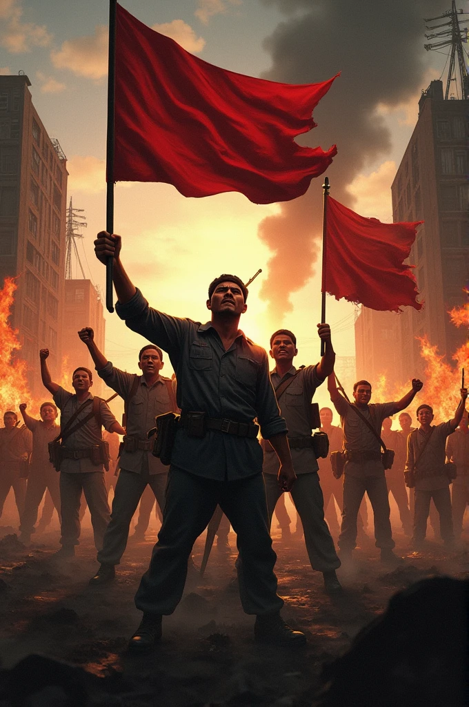 Give an example of an ideological war image about the early turmoil of the Indonesian revolution in F4 landscape size.