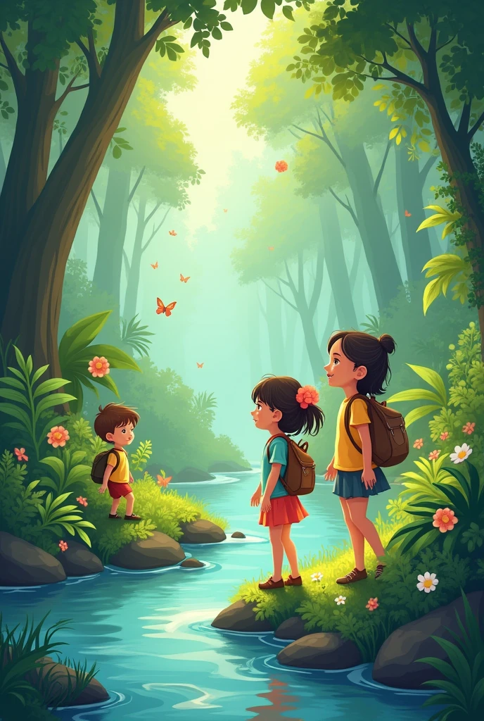 Two girls with one boy visiting to forest slowly they sit beside the river cartoon 