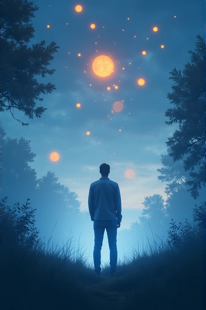 Man standing figure backward and see sky and so many small small balls like orbs glowing in sly like orange colour and the entire figure have a blue touch and there are tress and grass