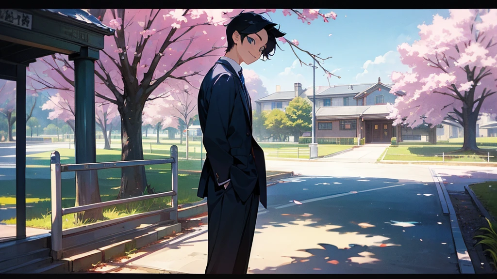A very cool high school boy in a school uniform、smile、Black Hair、Blue sparkling eyes、In front of the school gate、There is a cherry tree、One person、solo、Retro anime style