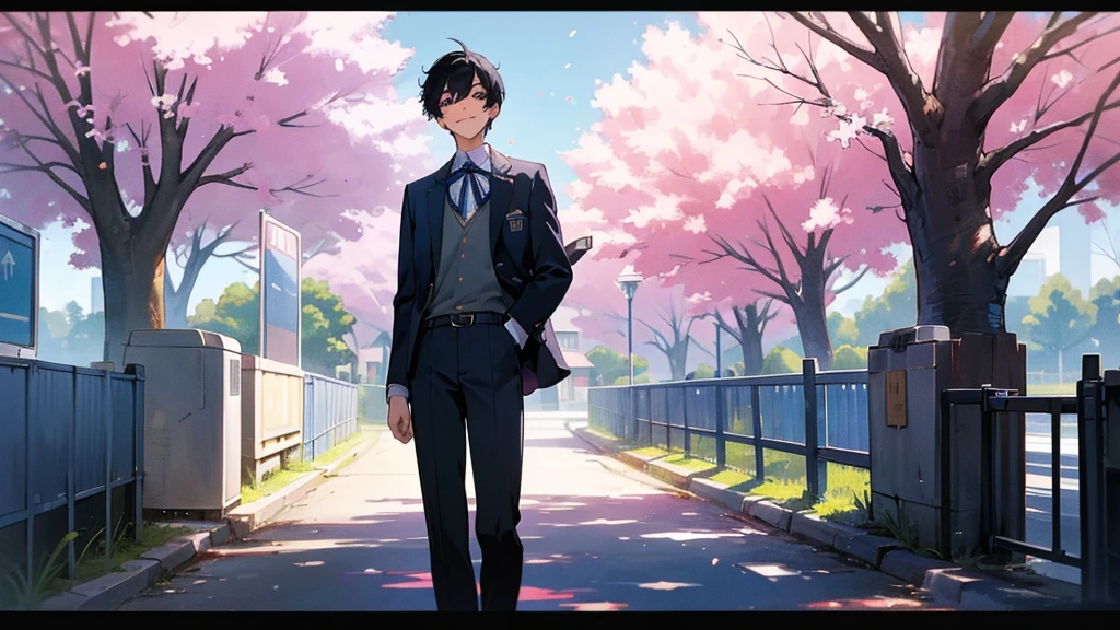 A very cool high school boy in a school uniform、smile、Black Hair、Blue sparkling eyes、In front of the school gate、There is a cherry tree、One person、solo、Retro anime style