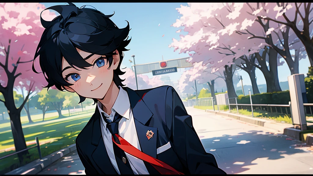 A very cool high school boy in a school uniform、smile、Black Hair、Blue sparkling eyes、In front of the school gate、There is a cherry tree、One person、solo、Retro anime style