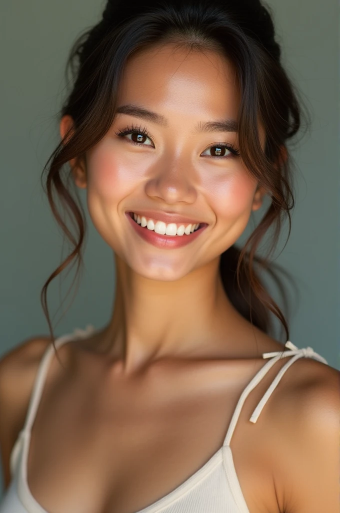 A young and beautiful girl with big breasts is smiling