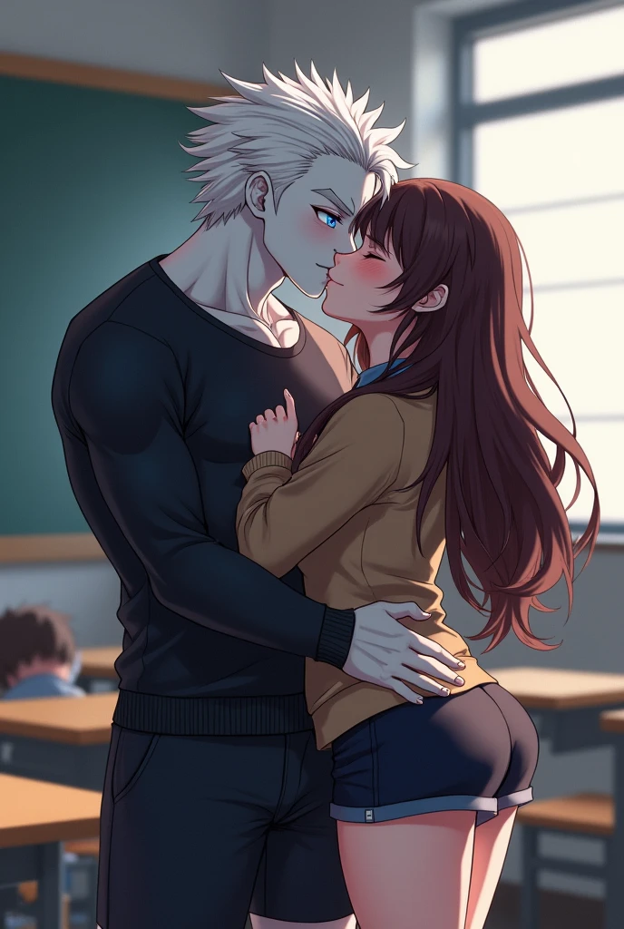 anime character, White hair, spiky hair, Pale skin, bright blue eyes, Long white eyelashes, male, muscular, big glossy lips, classroom, grey eyebrows, black sweater, black shorts kissing brown haired female student curvy