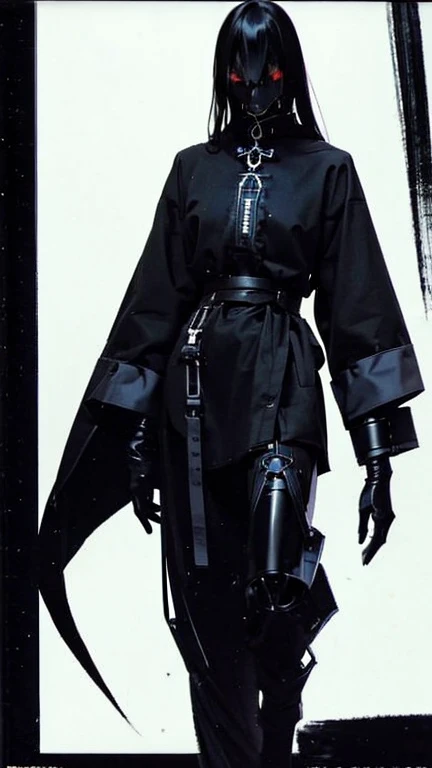Black Hair、Cold look:1.5、Japanese woman in her 30s、Dark Background、One Cool Lady:1.5、night、whole photo、Dark Eyes、Black gloves、Ominous Machine Lifeform、Nihil、Half of his body is made of machinery、Mechanical Man:1.5、Modern clothing:、Creepy、Scary atmosphere