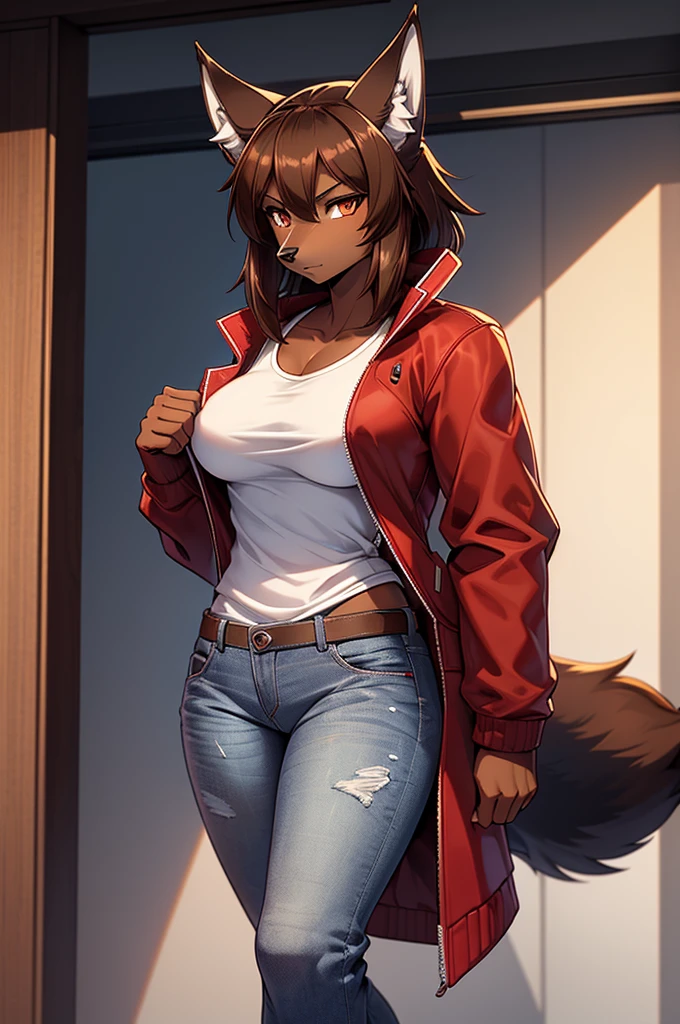 By r-mk, ((Wolf)) (woman) ((brown skin)) standing straight, red cloth jacket, white t-shirt, (jeans), dark brown hair, [[serious face]], female eyes, tall woman (furry), small muscles, 30 years old, (small breast), (cloth jacket)