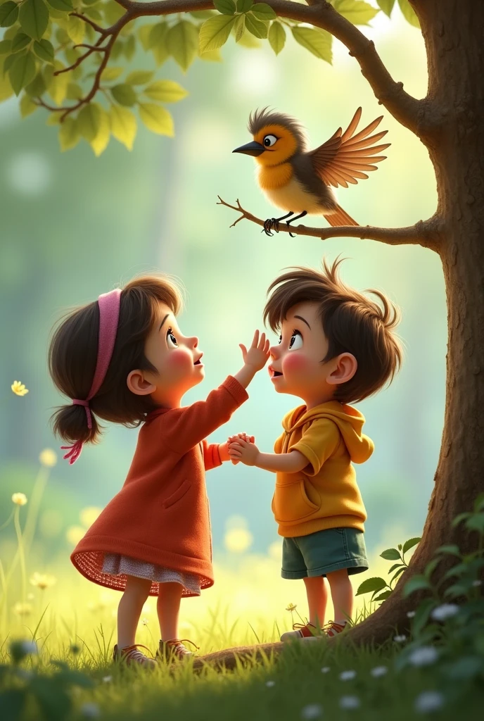 Anna is standing on his toes, trying to touch the bird on the tree branch. Tamma is holding Anna's arm, gently stopping him, with a concerned expression on his face. The bird looks a bit startled, its wings slightly open as if ready to fly away.