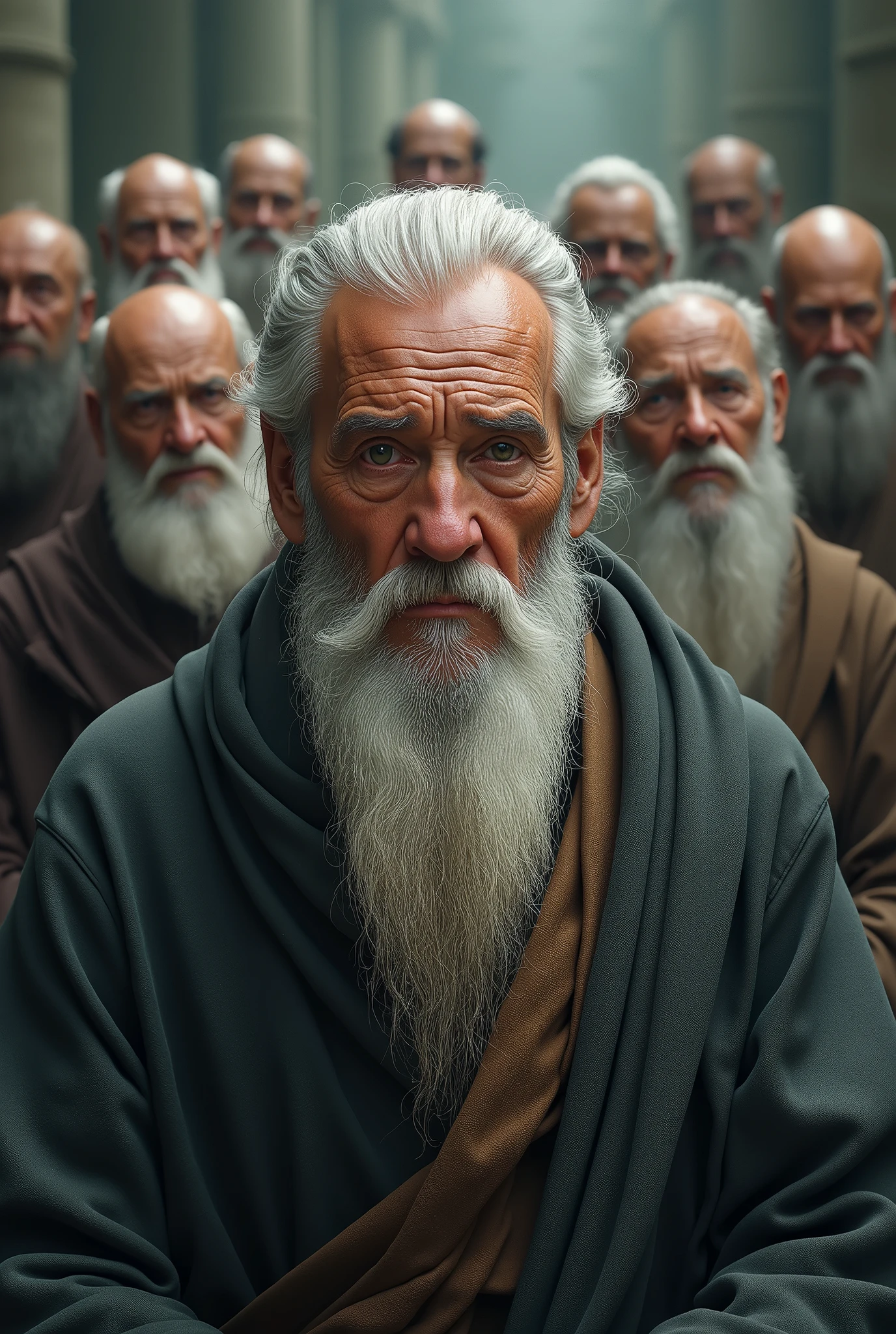 Seven wise old men, 3 of them old and wise women of various ethnicities behind each other, 3 on each side and one in the middle with a mysterious and charming appearance.. He has a white, well-groomed beard, his face is marked by wrinkles that tell stories of a long life full of wisdom. His eyes are clear, as if they held the secrets of the universe, radiating a deep serenity and knowledge. He wears a simple robe, yet elegant, that reinforces his aura of mystery and beauty. With a mysterious background that evokes wisdom. The image must be horizontal 1920 x 1080
