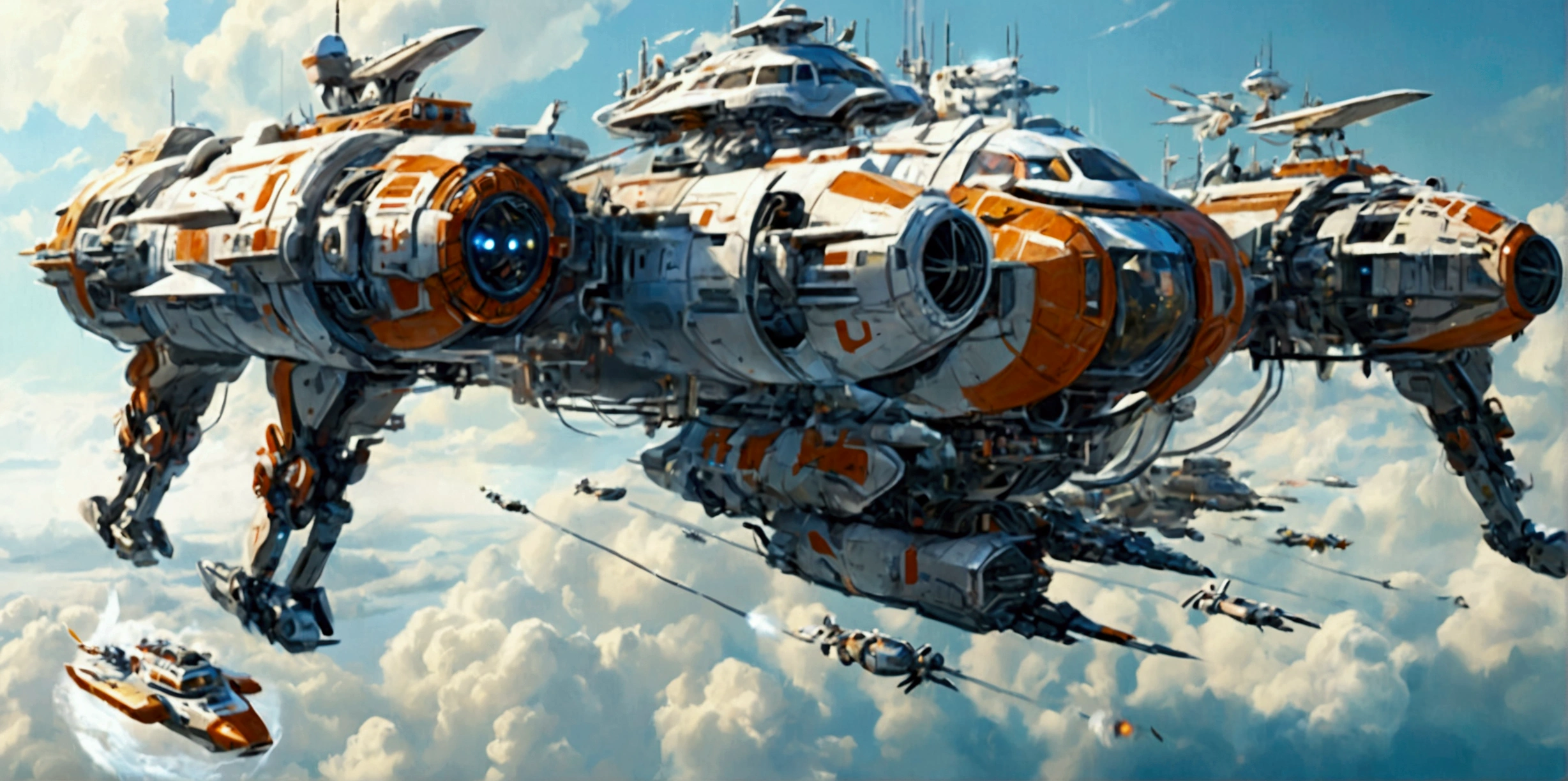 (best quality,ultra-detailed,realistic:1.37), A long wide giant heavily armored divine futuristic flying all terrain biomechanical space battleship covered in rainbow batik pattern and glowing javanese runic symbols, (multiple retractable cybernetic spider legs with wheels on the tips), divine halo, flying hovercraft, flying submarine, flying aircraft carrier, flying hotel, flying resort, flying city, flying skyscraper, flying cruise ship, flying yacht, flying castle, flying military base, multiple thrusters, multiple helipad, multiple propeller, mobile headquarters, mobile command center, automatic turrets, missile banks, missile defense system, multi-port rear engine arrays, large pivoted missile pods, anti-air batteries, reactive armour over vital spaces, VTOL thrusters, ventral ground-facing VTOL thruster bays, retractable center cannon, super carrier, sky carrier, space station, floating city, floating castle, white background
