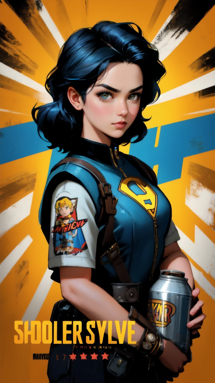A beautiful cute girl in a superhero costume holding a gas can, with a yellow background, styled as blockbuster movie art, a movie poster character, and a movie promotional image. Inspired by the dynamic and bold designs of Rudy Siswanto, with elements of a steampunk superhero, echoing the style of Butcher Billy and Joe Shuster. The character should reflect the intensity of a superhero from 'The Boys' TV show, capturing a fan art aesthetic with vibrant and engaging details."
