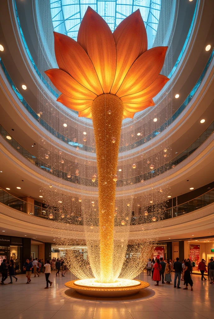 I want to do hanging aerial decor in a central atrium of a mall with Kinetic Balls and Giant Lotus ( Inverted) as a center piece of the decor for Diwali. It should be elegant 16:9 ratio. The atrium should be wide and the Hanging Kinetic balls can be near about 150-200.