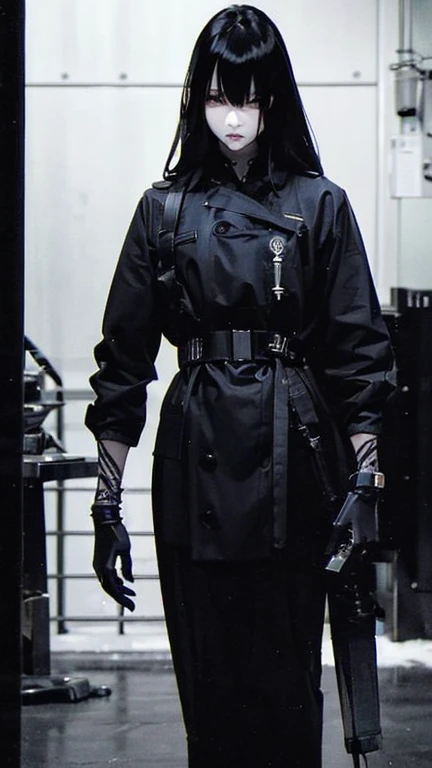 Black Hair、Cold look:1.5、Japanese woman in her 30s、Dark Background、One Cool Lady:1.5、night、whole photo、Dark Eyes、Black gloves、Ominous Machine Lifeform、Nihil、Half of his body is made of machinery、Mechanical Man:1.5、Modern clothing:、Creepy、Scary atmosphere