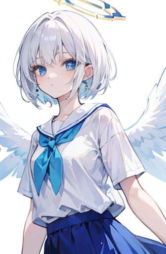 Anime, girl, teenage, short hair, white hair, plae blue eyes, cool, earrings, wearing a white top and blue skirt, cute, angel wings and halo ring,