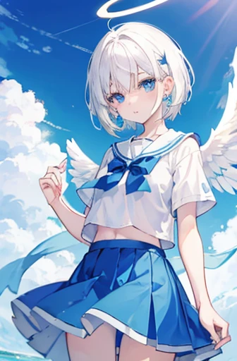 Anime, girl, teenage, short hair, white hair, plae blue eyes, cool, earrings, wearing a white top and blue skirt, cute, angel wings and halo ring,