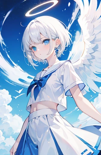 Anime, girl, teenage, short hair, white hair, plae blue eyes, cool, earrings, wearing a white top and blue skirt, cute, angel wings and halo ring,