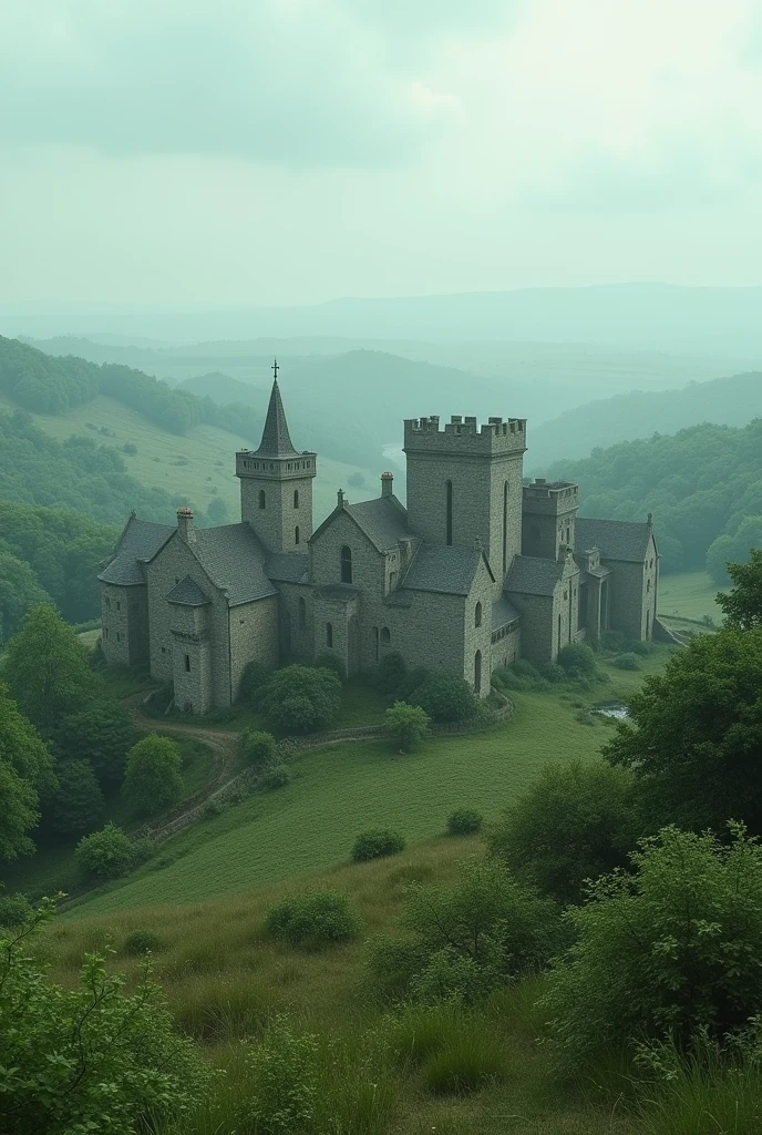 front view of a horizon with European vegetation and stone houses typical of medieval England. Houses need to be in a very distant view, but the details need to be slightly sharp. Some houses are a little destroyed, others very well preserved. In the middle of the houses I would like a medieval temple in the Romanesque style.. Colors need to be cool, with a predominance of green. The houses need to be very well distributed in the image, without being a cluster of houses. The view of the horizon is frontal, but the perspective of the houses and architectures need to be in the side view