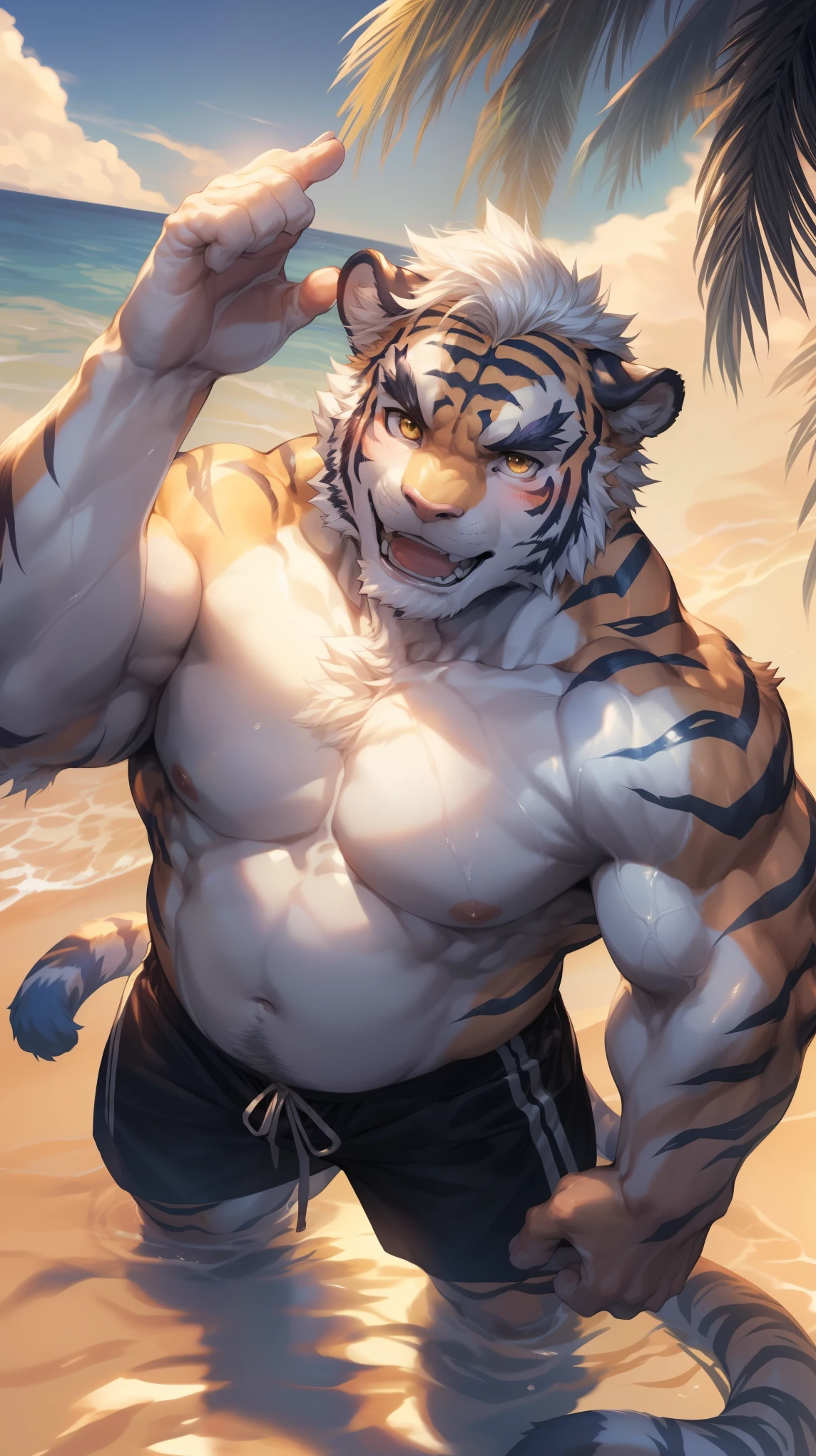 (By Empty Ghost, From thebigslick, By Dark Gem, Will chase), Keyuan Building (Onmyoji Daisenji Temple), High quality photos, Perfect anatomical structure, Anthropomorphic white tiger, male, 30 years old, (tiger print), Thick eyebrows, short hair, White Teeth, Strong body, White pectoralis major, Chubby figure, White swimming trunks, Small bump, Pink milk clusters, Standing on the beach, Looking up, One hand raised above the head to block the sun, happy, blush, Golden pupils, Look up at the sky, Clear facial features, (Dynamic poses:1.5), Strong, solitary, (Top view:1.5), noon, sunny, Coconut Tree, Water waves, (By Empty Ghost, From tiger30, masterpiece, high quality, high resolution, 8k)