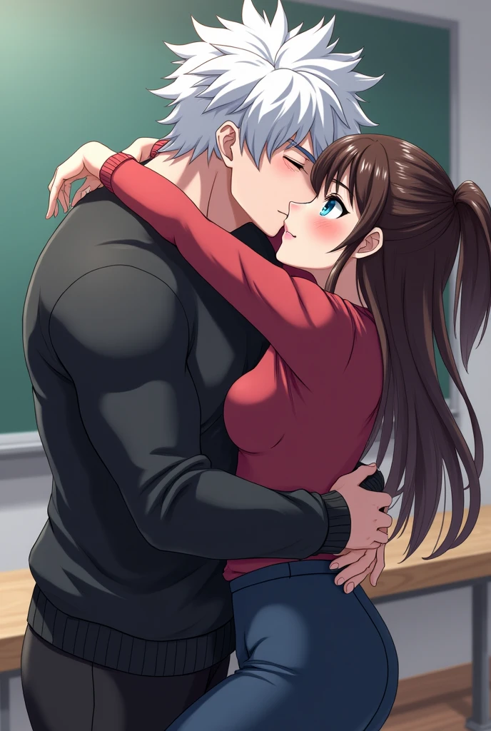 anime character, White hair, spiky hair, white skin, bright blue eyes, Long white eyelashes, male, muscular, big glossy lips, classroom, grey eyebrows, black sweater, black shorts kissing brown haired female student curvy