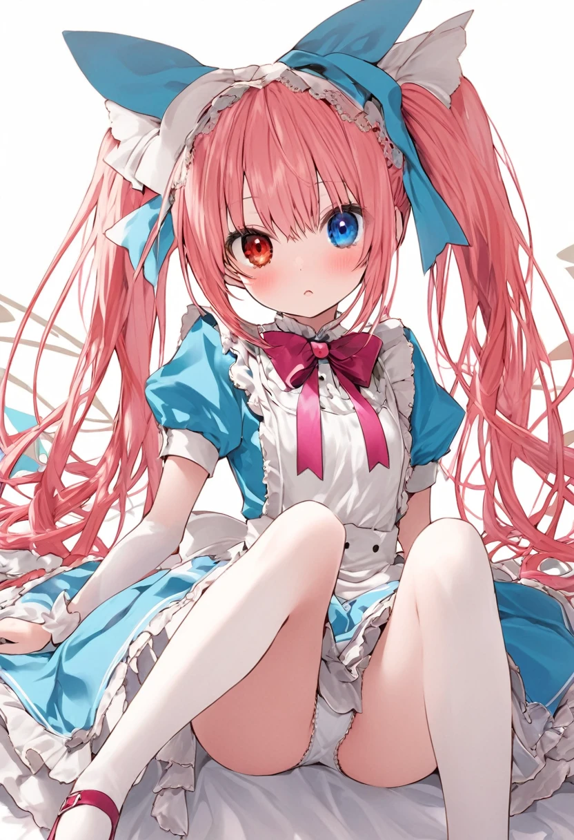 (((Alice in Wonderlandcostume hatunemiku ))),hatunemiku,Alice in wonderland Twin Tails,Sitting with legs spread 1girl sitting 1girl staring at me,Heterochromia
