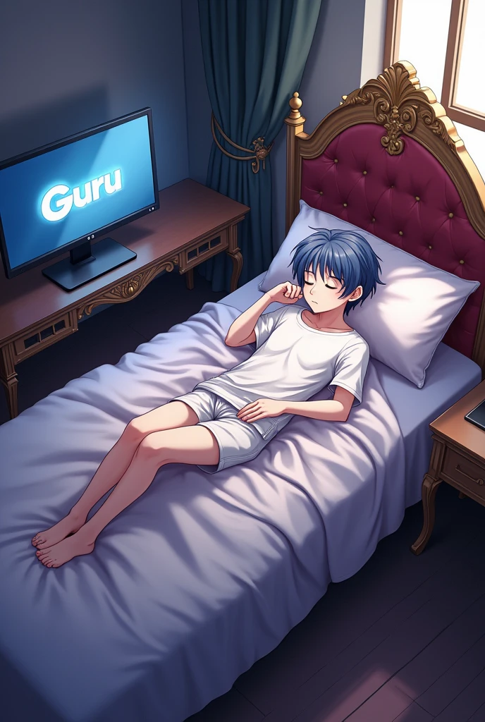 Anime boy , sleeping on a luxury bed in a gaming room and beside his bed there is a gaming setup,in the moniter of the pc there is written guru