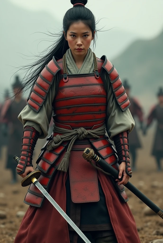 Front view, Full body, on battle field ,sole ,standing pose, both hands hold Japanese sword, battle scene ,1 Japanese girl, 2, mature female, long pony tail, fringe, serious, beautiful face, cotton head band) , Samurai cotton uniform , Samurai Armor, protect body red Wooden Armor, protect shoulder, protect hand, protect knee, protect shin, straw sandal, Japanese katana, (((Surrealism, Verism, UHD, retina, masterpiece, anatomically correct, accurate, textured skin, super detail, high details, high quality, best quality, highres, 8k))