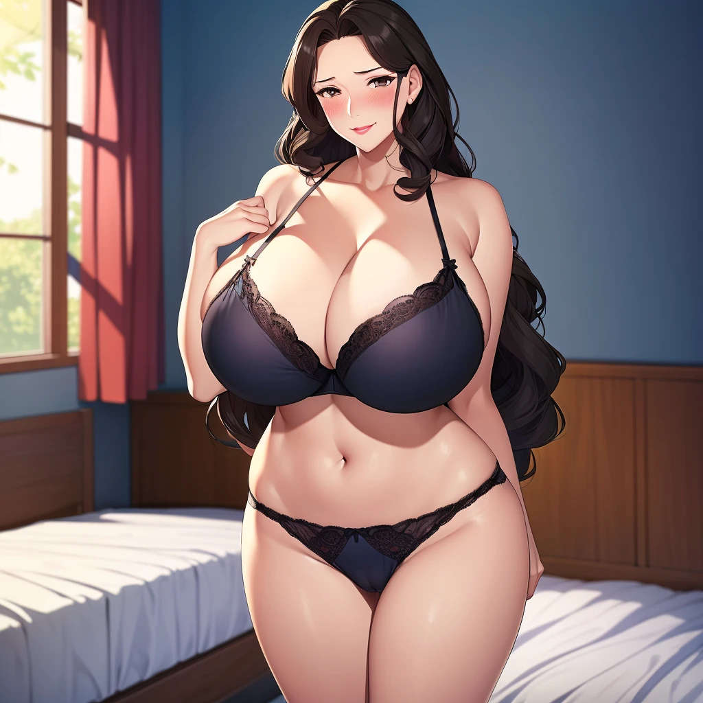 ((masterpiece)), full body, (nsfw), ((best quality)), (ultra-detailed), absurdres, extremely detailed CGI unity 8k wallpaper, standing, groin, (cameltoe), shoot from front, Official Art, accurate describe shapes, beautiful face, expressive eyes, looking at viewer, solo, scenery, anime screencap, bedroom, firsttime, male virgin, indoors, dramatic lighting, arms up, (embarrassed), (blush:1.5) tareme, tempting smile, (seductive smile), closed mouth, aged up woman, 1lady, (mature female, older, (presenting), (deep cleavage:1.4), (gigantic breasts:1.5), (cleavage:1.3), milf, older, motherly, wide hips, curvy, long hair, curly hair, wavy hair, forehead, (long hair:1.4), black hair, brown eyes, huge bra, full laced panties, high leg panties, teddy lingerie, subtle lace, lace trimmed bra, black bra, shoulders, bare shoulders, bare legs, decollete, collarbone, lips, HDR, lipstickmakeup,