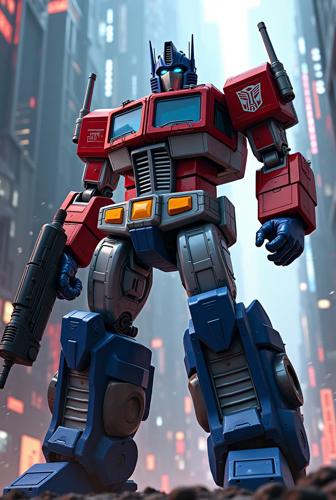 Optimus Prime, Keiichi Maebara, anime style, Optimus Prime's mechanical arm, cyborg gun blaster, highly detailed, photorealistic, 8k, masterpiece, cinematic lighting, dynamic composition, dramatic angles, vibrant colors, mech design, cyberpunk, futuristic