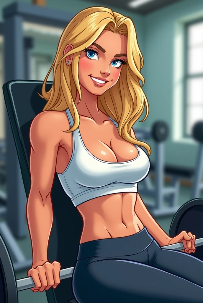 Generade a fit, muscular blonde woman in her mid 20s, which is currently at the gym working out and looking towards the viewer, as if a friend is coming up to them. She is tall and her body is toned, as well as tanned. She has blue eyes and is wearing tight leggings as well as a white tanktop that leaves her sixpack open. She is currently lying on a benchpress. She is happy and smiling towards the person approaching her. Generate the image in a cartoon style and take Beverly from Nortuet as a reference.