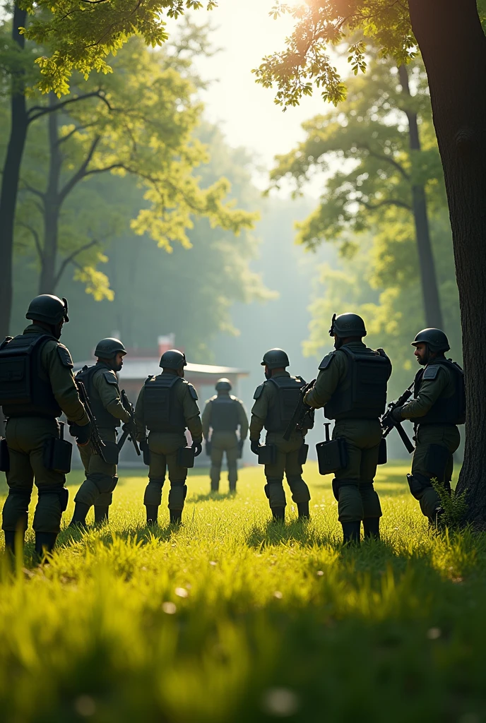 A group of 4 soldiers with bulletproof vest, They're scared, because there are 4 enemy soldiers with vests and helmets surrounding them, they are in a forest well lit by the sun and its green lawn, behind the frightened soldiers there is a guardhouse, the designer is excited, with light and shadow effect and dimension.