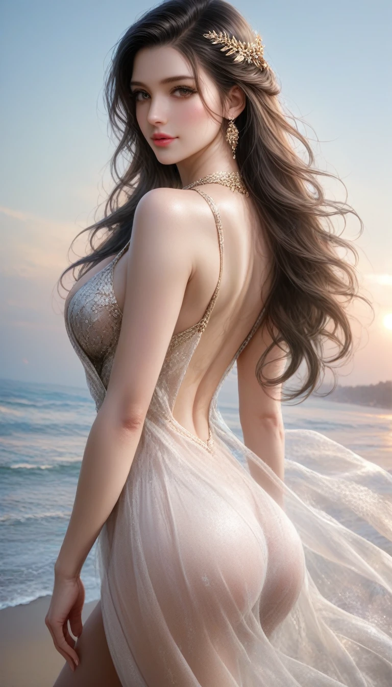 score_9, score_8_superior, score_7_superior,
8k,Ultra-high-definition CG,masterpiece,Highest quality,Very detailed,Ultra-realistic,Realistic,Increased depth of field,Cinematic lighting,
Elegant Japanese actress,
A beautiful face with a perfect golden ratio,Beautiful like the Venus de Milo,Black Hair,Long Hair,Ultra-detailed and beautiful face,Gentle expression,Ultra-detailed skin,Translucent white skin,Realistic skin texture,Beautiful cleavage,Shapely ass,Firm thighs,Great proportions,
Roman and Greek dresses,
Simple design,Delicate and beautiful decoration,Detailed texture of the fabric,
Seaside scene at dusk,
Reflecting sea surface,Desolate sandy beach,
Dramatic Angle,