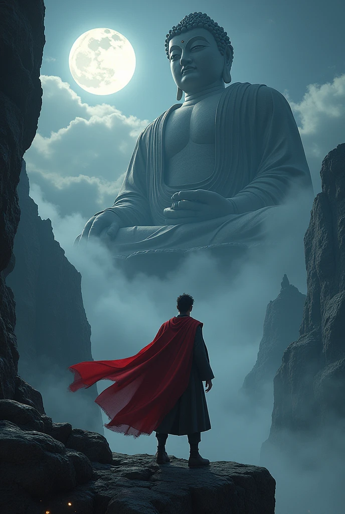 Black Myth: Wukong stands on the edge of a cliff, back view, red cape fluttering in the wind, a huge stone statue of Tathagata Buddha emerges from the clouds, eyes downcast, looking at Wukong, night, a bright moon in the sky, dark picture, high definition, high contrast