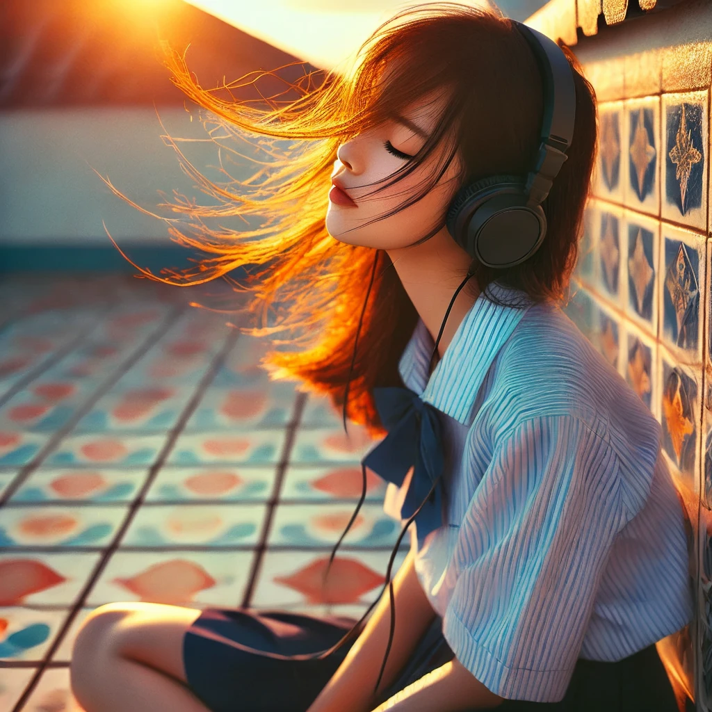arafed woman sitting on the ground with headphones on, girl wearing headphones, listening to music, with headphones, lofi girl, music in the air, style of alena aenami, wearing headphones, vibing to music, lofi portrait, portrait shot, inspired by Alena Aenami, with head phones, headphones, brandon woelfel