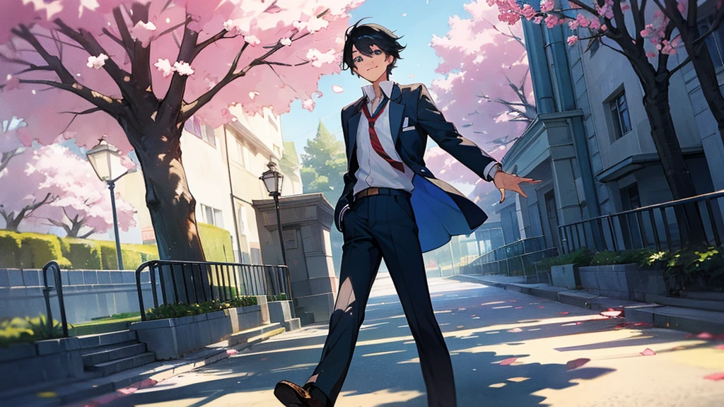 A very cool high school boy in a school uniform、smile、Black Hair、Blue sparkling eyes、In front of the school gate、There is a cherry tree、whole body、One person、solo、Retro anime style