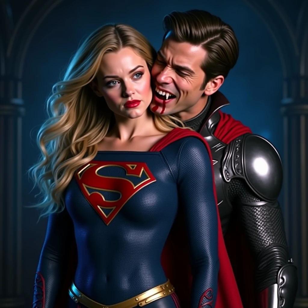 Cinematic color style images of Melissa Benoist wearing the Supergirl costume from the CW series Supergirl having her neck bitten from behind by a vampire boy in armor. He has long sharp teeth with blood dripping from his mouth. Full body shot.