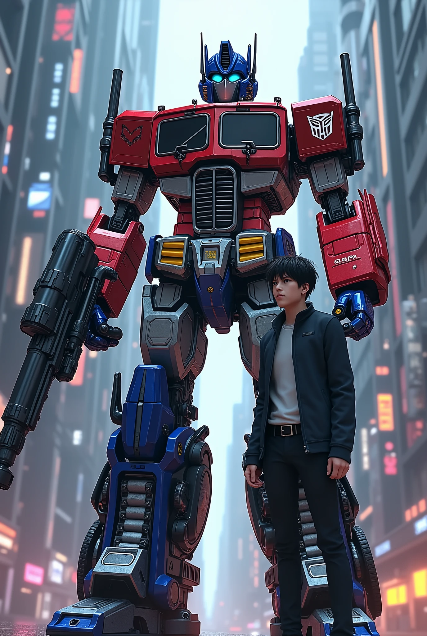 Optimus Prime, Keiichi Maebara, anime style, Optimus Prime's mechanical arm, cyborg gun blaster, highly detailed, photorealistic, 8k, masterpiece, cinematic lighting, dynamic composition, dramatic angles, vibrant colors, mech design, cyberpunk, futuristic