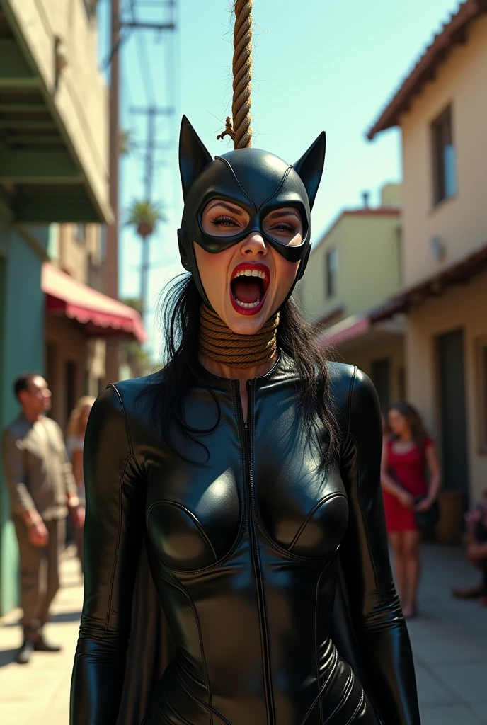 (8k, best quality, photorealistic, realisti), Catwoman, sexly, Nice, hot, horrified, strangled gasping for air, choked, screaming, horrifieder Gesichtsausdruck, is hanged, is hanged on the gallows, Thick rope tied tightly around neck, Thick rope tied tightly around neck, Rope tied under the chin around the throat, Cut off air, hangs tied by the neck in the air, half a meter in the air, Feet not on the floor, Niceer Hals, sehr Niceer Hals, good view of her neck, Catwoman strangled, strangle, choke, can&#39;t breathe anymore, Face tilted to the sky and body straight, Neck stretched, Shoulders hanging, Hands behind the back, cannot move hands and arms, tied up, strangle, choke, Squeeze throat with a rope, on a sunny day in a secluded alley in Los Angeles with an audience around her. 