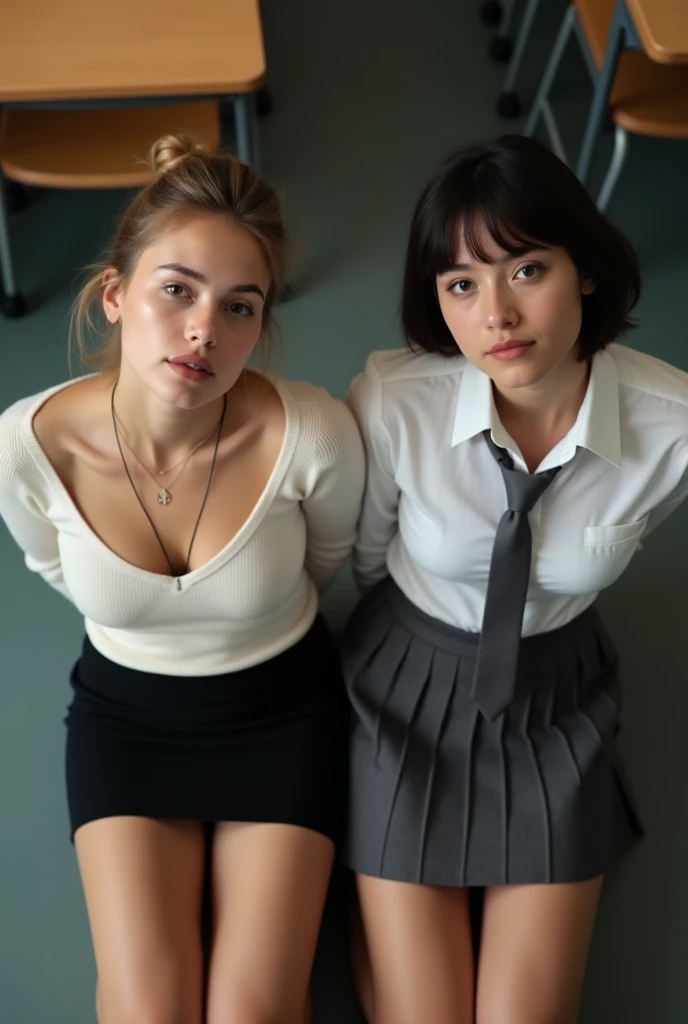 Realistic photo from above of two slim pretty Caucasian women in a British classroom. One is aged 21 and has light-brown hair in a bun and is wearing a tight white cashmere sweater and a straight black miniskirt. The other is aged 18 and has short dark hair in a bob and is wearing an unbuttoned tight white shirt, a dark-grey tie, and a dark-grey pleated miniskirt. They are kneeling in the classroom, looking up to the camera. They both have both hands behind their backs. Their mouths are slightly open.